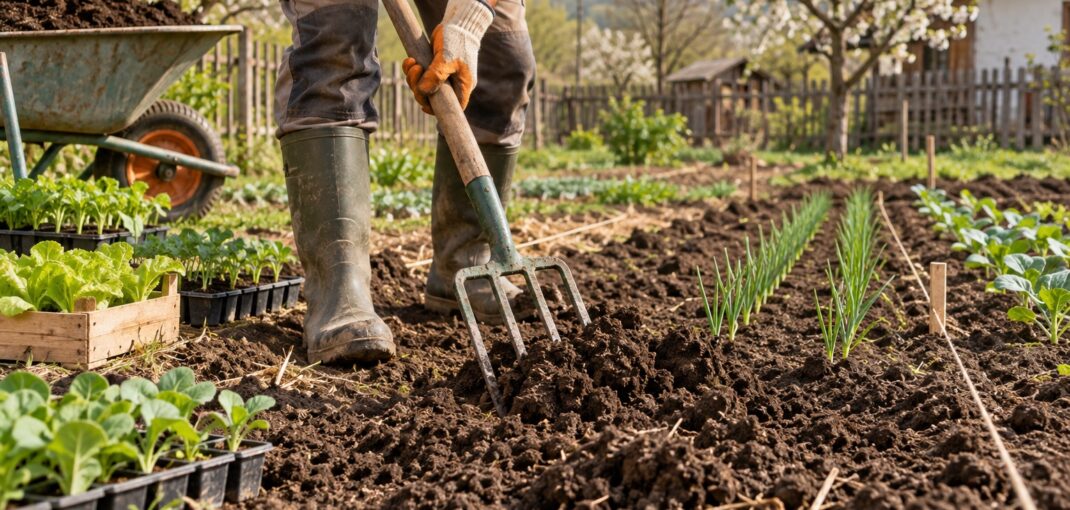 Grădinar care afânează solul între răsaduri la începutul sezonului